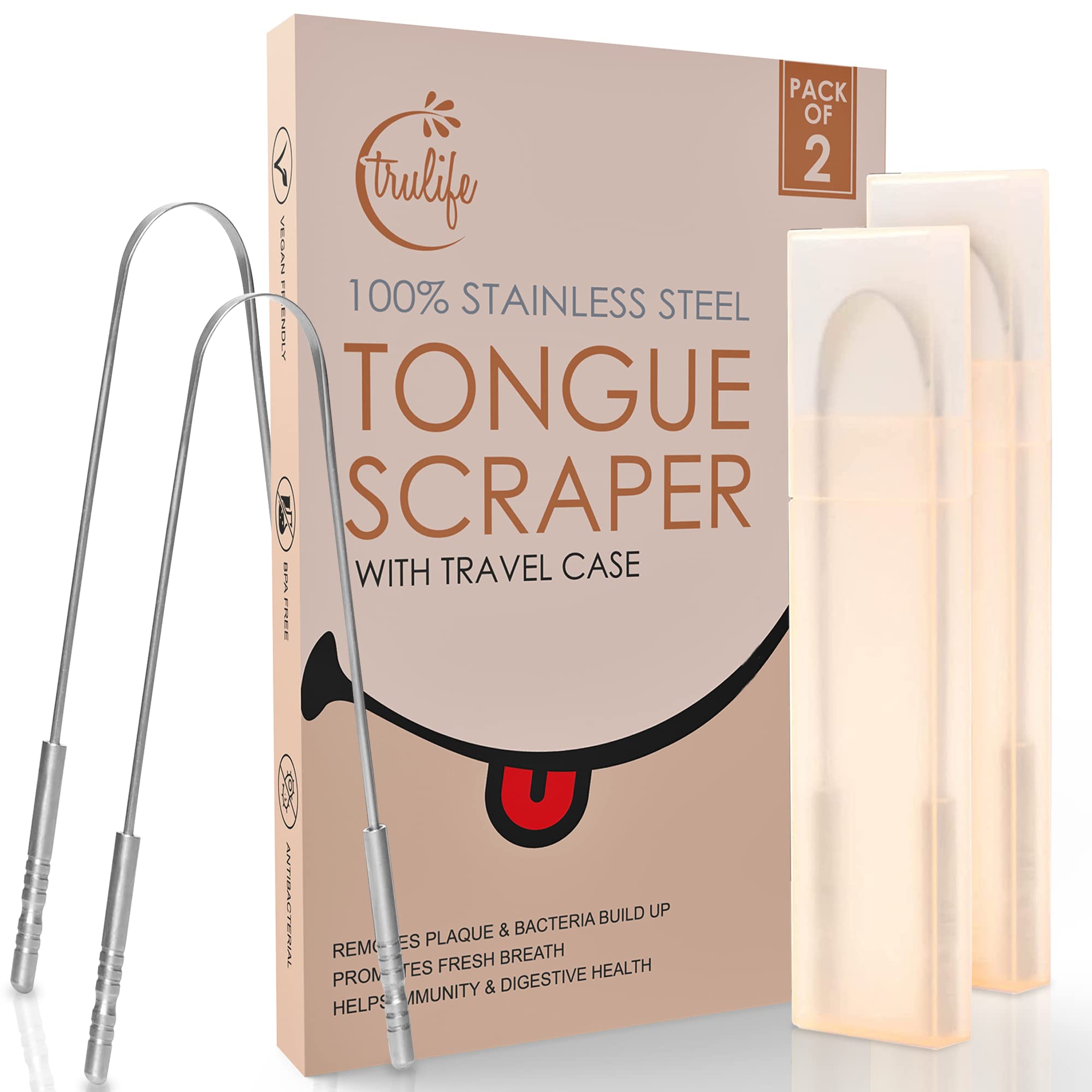 TruLife Tongue Scraper Tongue Cleaner Surgical Grade Stainless Steel (2 Pack), Reduce Bad Breath (Travel Cases Included), Metal Tongue Cleaner, Tongue Scraper for Fresher Breath & Easy to Use