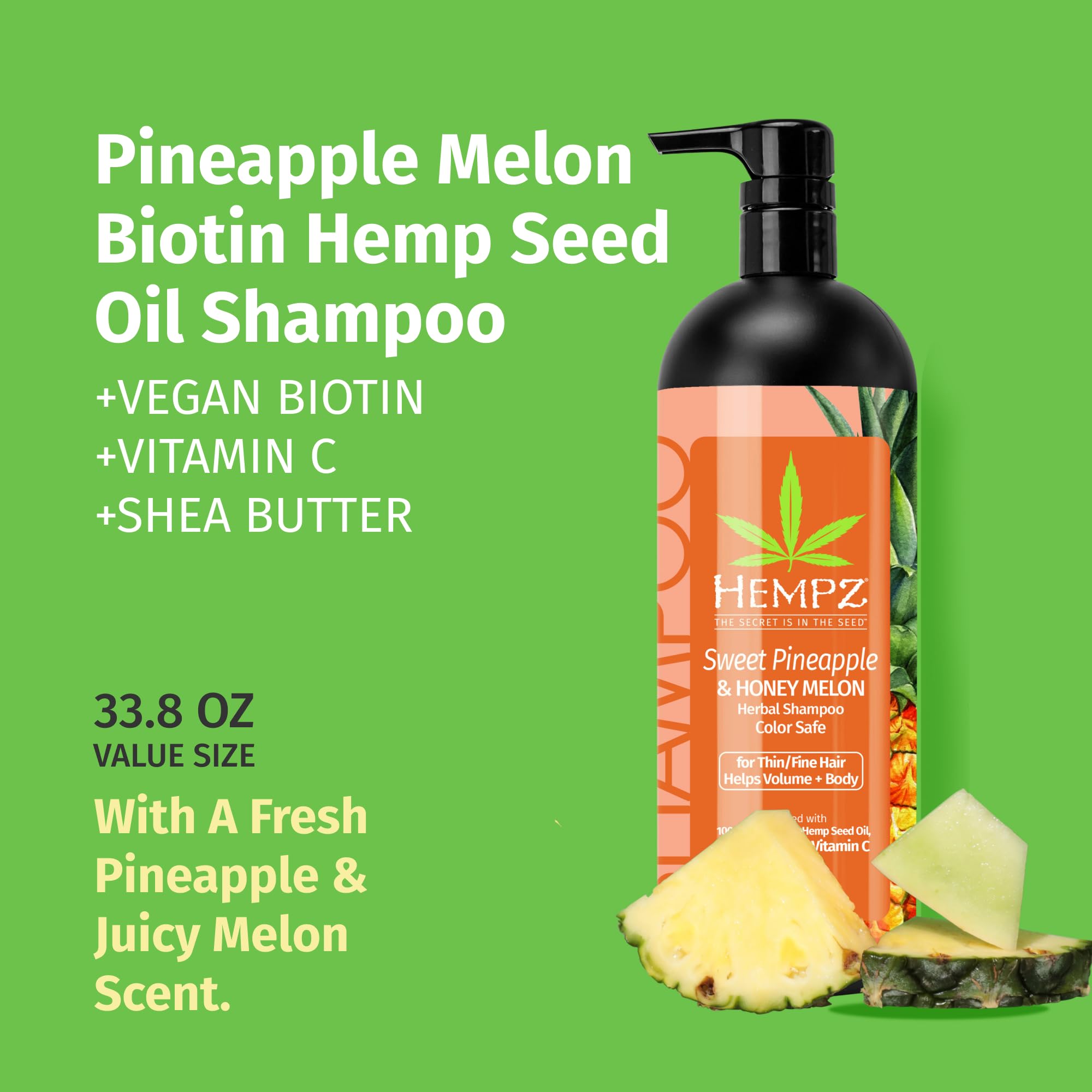 Hempz Biotin Hair Shampoo - Sweet Pineapple & Honey Melon - For Thin/Fine Hair Growth & Strengthening of Dry, Damaged and Color Treated Hair, Hydrating, Softening, Moisturizing - 33.8 Fl OZ