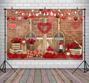 lofaris valentine's day party backdrop for photography rustic wood door brick wall red heart mother's day background birthday baby shower portrait photo booth props 9x6ft