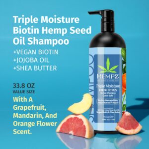 Hempz Biotin Hair Shampoo - Triple Moisture Fresh Citrus - Peach & Grapefruit - For Growth & Strengthening of Dry, Damaged and Color Treated Hair, Hydrating, Softening, Moisturizing 33.8 Fl OZ