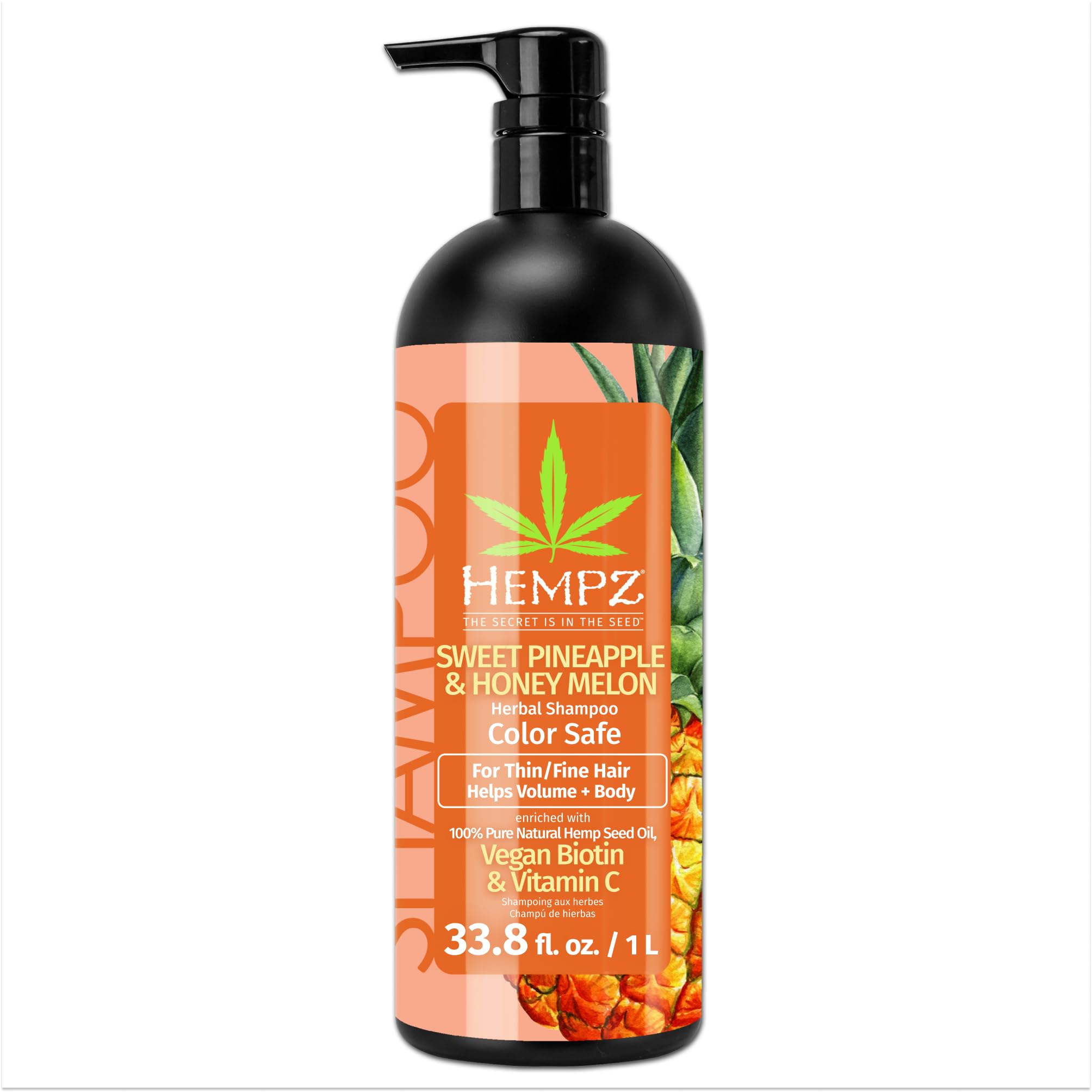 Hempz Biotin Hair Shampoo - Sweet Pineapple & Honey Melon - For Thin/Fine Hair Growth & Strengthening of Dry, Damaged and Color Treated Hair, Hydrating, Softening, Moisturizing - 33.8 Fl OZ