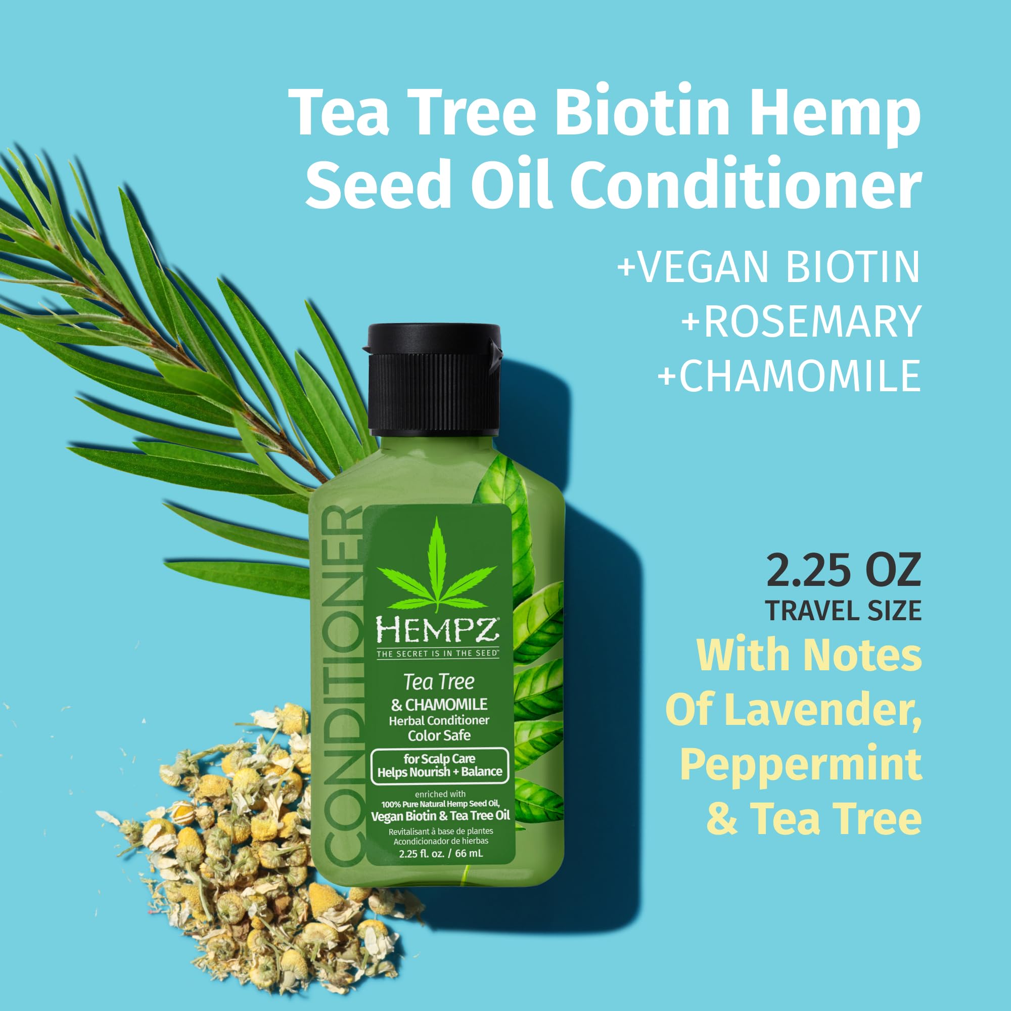 Hempz Biotin Hair Conditioner - Tea Tree & Chamomile - For Scalp Care Hair Growth & Strengthening of Dry, Damaged and Color Treated Hair, Hydrating, Softening, Moisturizing - Travel Size 2.25 Fl OZ