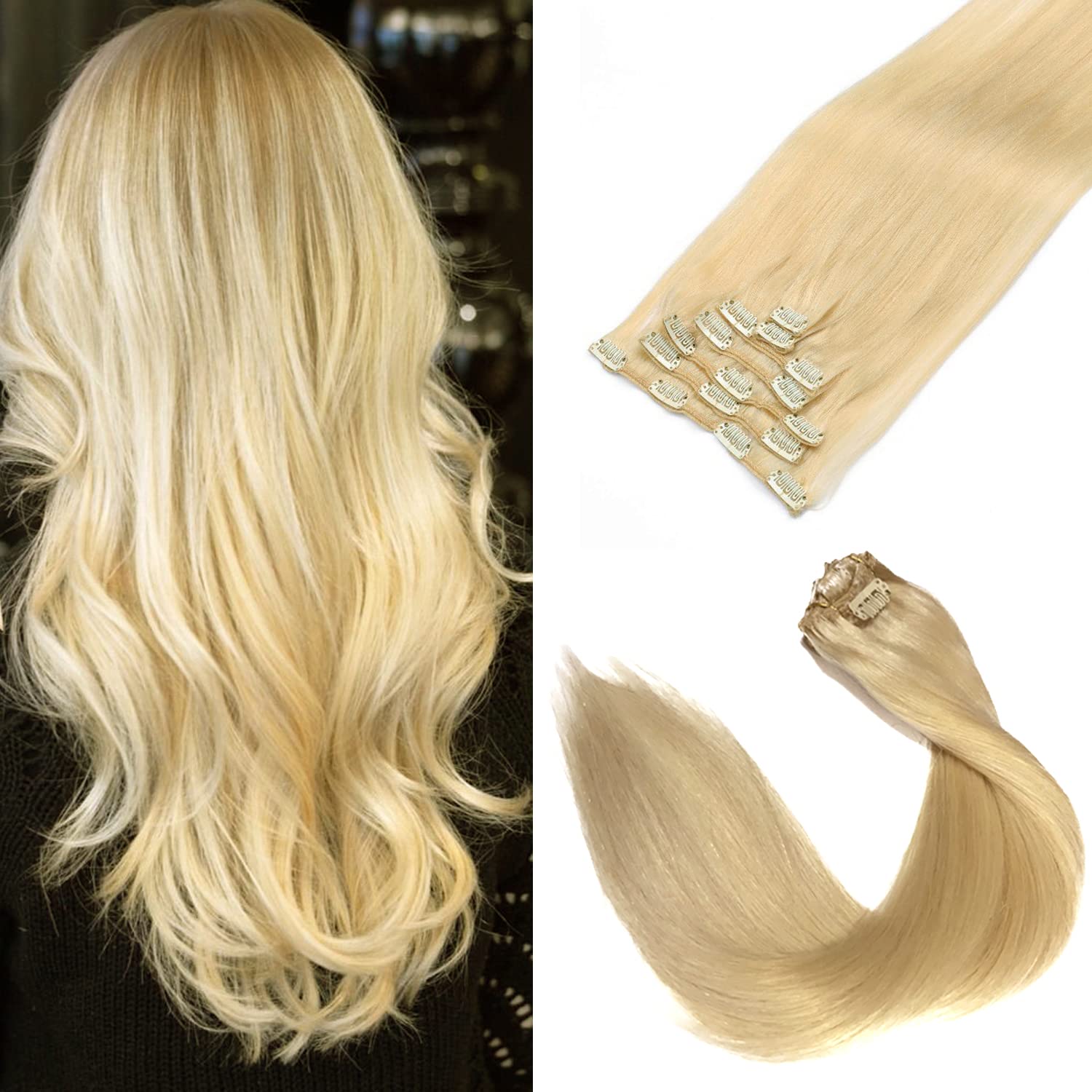 Clip in Hair Extensions Real Human Hair, Bleach Blonde Real Hair Extensions Clip in Human Hair, 7 Pieces 70G Double Wefts Remy Human Hair Clip in Extensions 16 Inch Clip-ins for Fine Hair Women