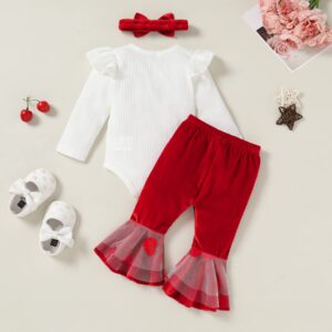 YOUNGER TREE Newborn Baby Girl My First Valentines Day Outfit Long Sleeve Romper and Bell Bottoms with Headband Clothes Set (12-18 Months)