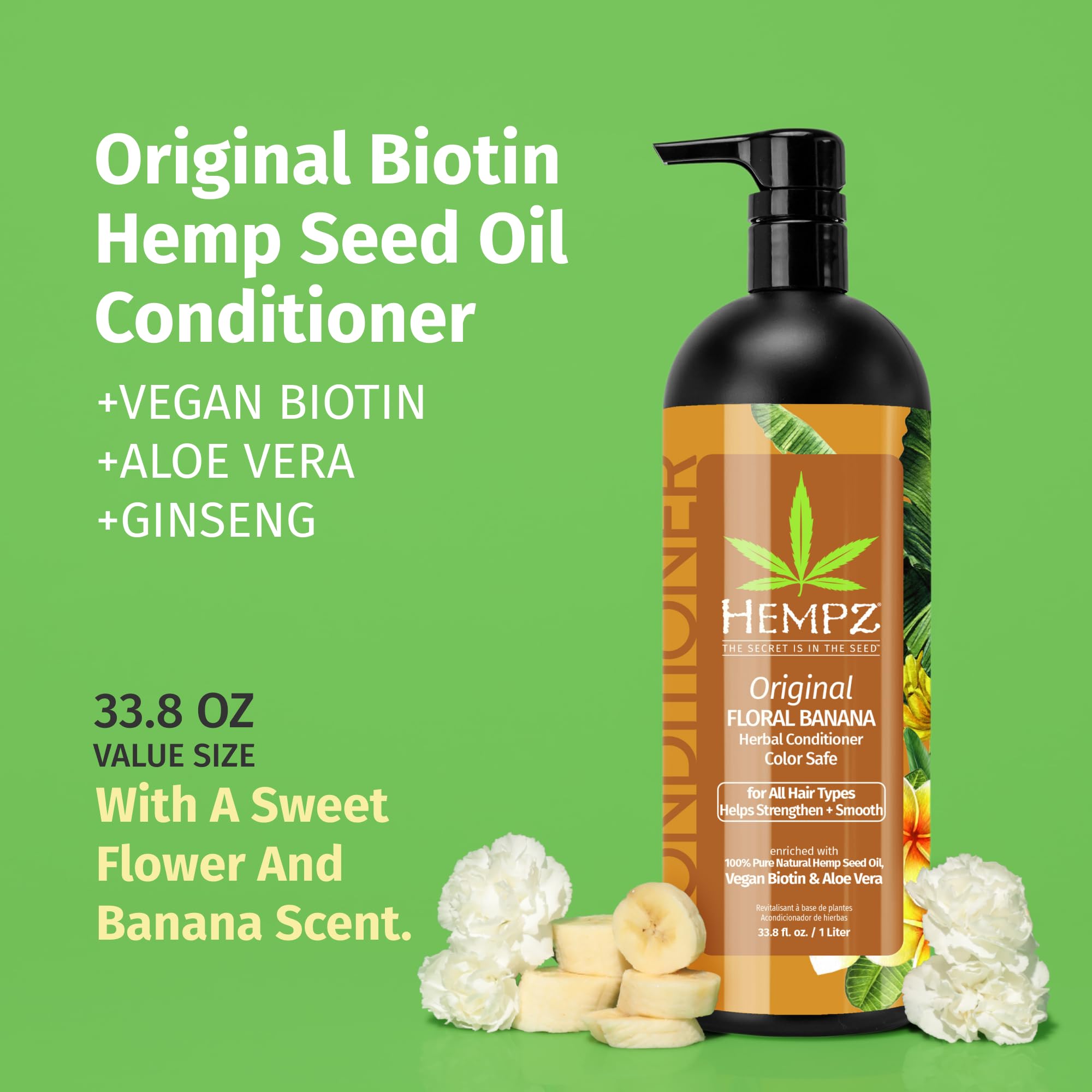 Hempz Biotin Conditioner - Original Light Floral & Banana - For Growth & Strengthening of Dry, Damaged and Color Treated Hair, Hydrating, Softening, Moisturizing 33.8 Fl OZ