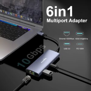 4K@60Hz USB C Hub with Ethernet, 6-in-1 Multiport Adapter with 4K@60Hz HDMI, 10Gbps USB3.0, 100W PD Charging and Gigabit Ethernet, MacBook Docking Station Compatible with Mac M1, M2, iPad, Steam Deck