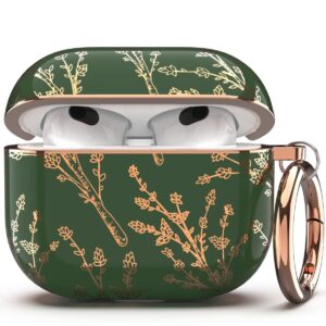 tatofy case cover for airpods 3, airpods 3 case for women, flora protective hard case with carabiner, led visible, wireless charging compatible (golden green)