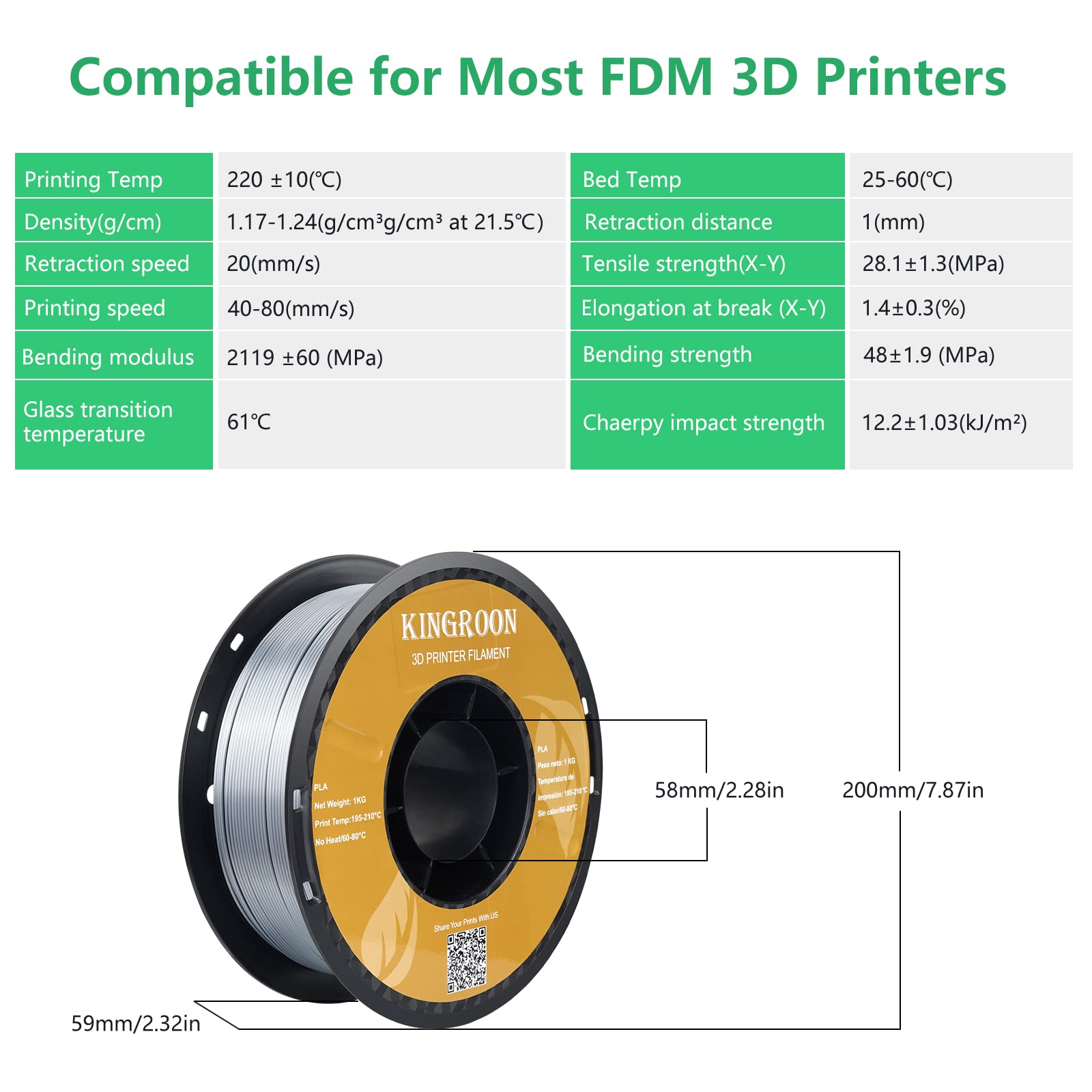 Kingroon Silk PLA 3D Printer Filament, Dimensional Accuracy +/- 0.03 mm, 1 kg Spool(2.2lbs), PLA Shiny Filament 1.75 mm (Silver)