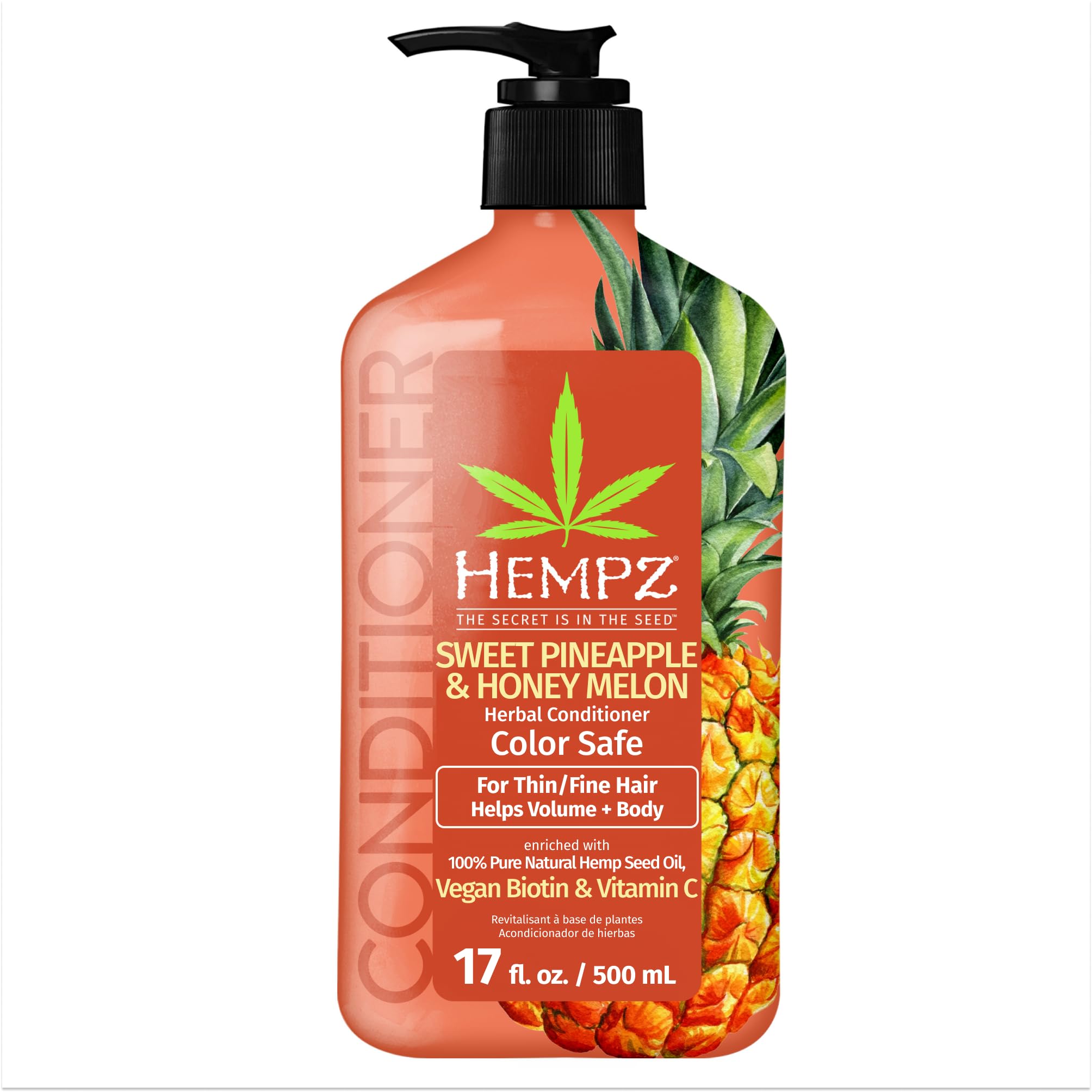 Hempz Biotin Conditioner - Sweet Pineapple & Honey Melon - For Thin/Fine Hair Growth & Strengthening of Dry, Damaged and Color Treated Hair, Hydrating, Softening, Moisturizing - 17 FL OZ