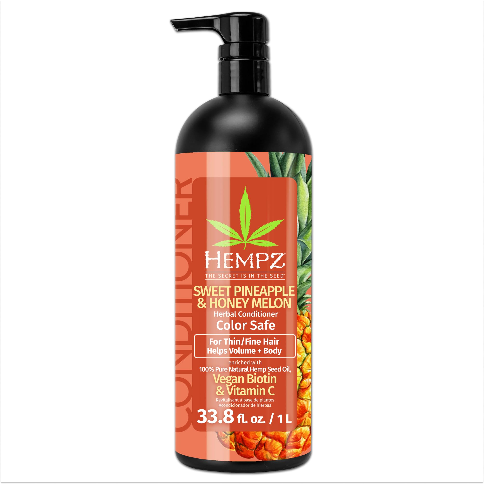 Hempz Biotin Conditioner - Sweet Pineapple & Honey Melon - For Thin/Fine Hair Growth & Strengthening of Dry, Damaged and Color Treated Hair, Hydrating, Softening, Moisturizing - 33.8 Fl OZ