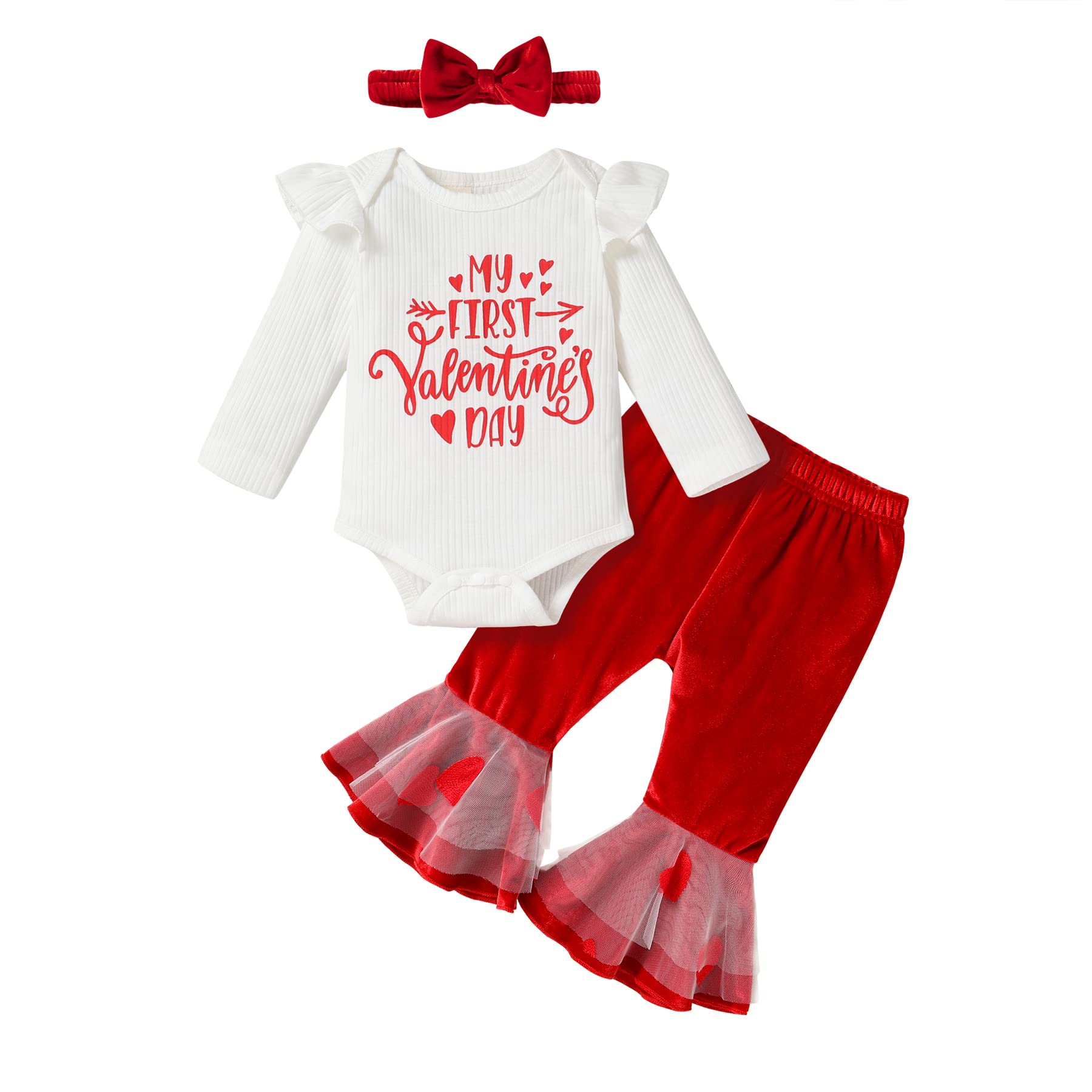 YOUNGER TREE Newborn Baby Girl My First Valentines Day Outfit Long Sleeve Romper and Bell Bottoms with Headband Clothes Set (12-18 Months)