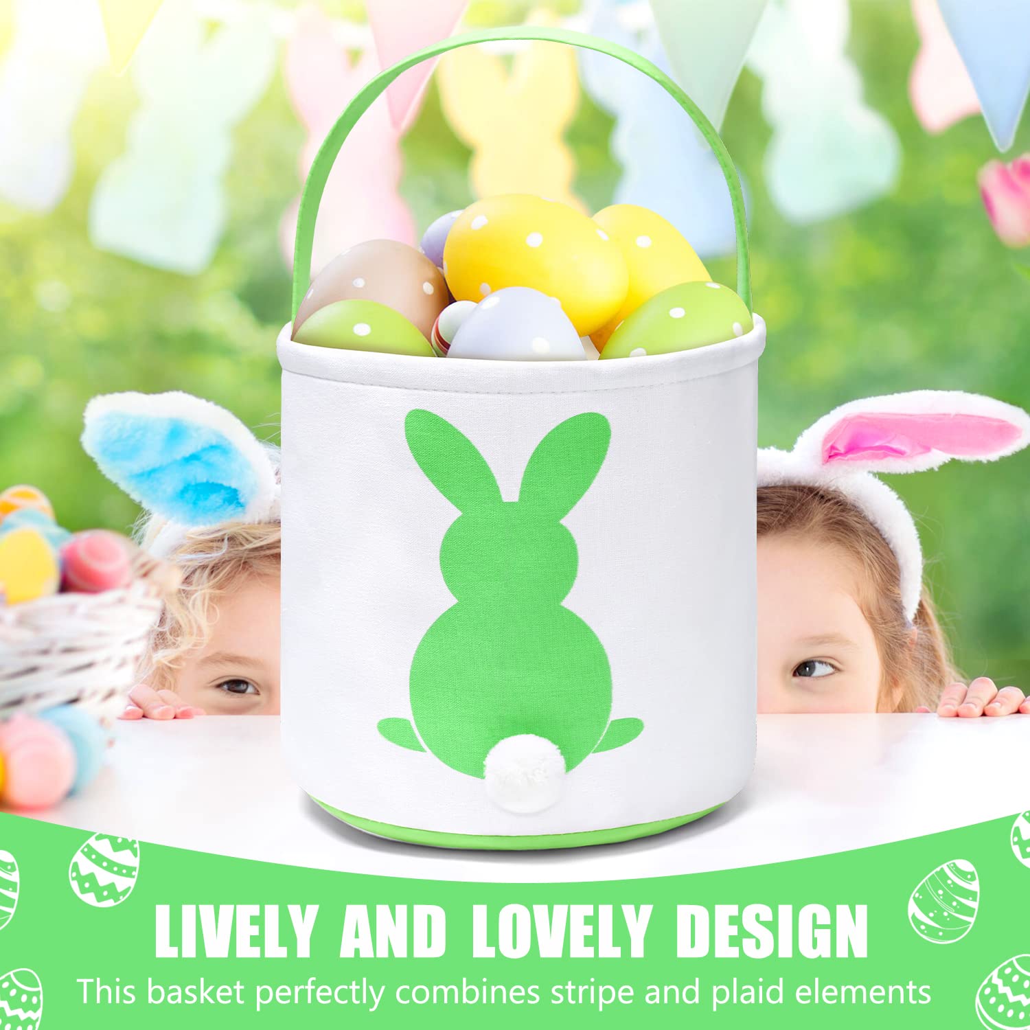 Easter Eggs Hunt Basket for Kids, Easter Basket Seersucker Egg Hunt Bunny Baskets Canvas Bunny Basket Egg Bags Rabbit Fluffy Tails - Rabbit Fluffy Tails Party Gifts Decoration(Green)