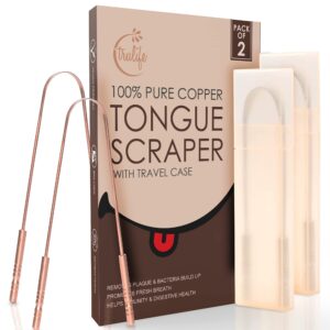 trulife tongue scraper for adults (2 pack), tongue cleaner for oral care & hygiene, metal tongue scraper, reduce bad breath (travel cases included), tounge scraper - fresher breath & easy to use