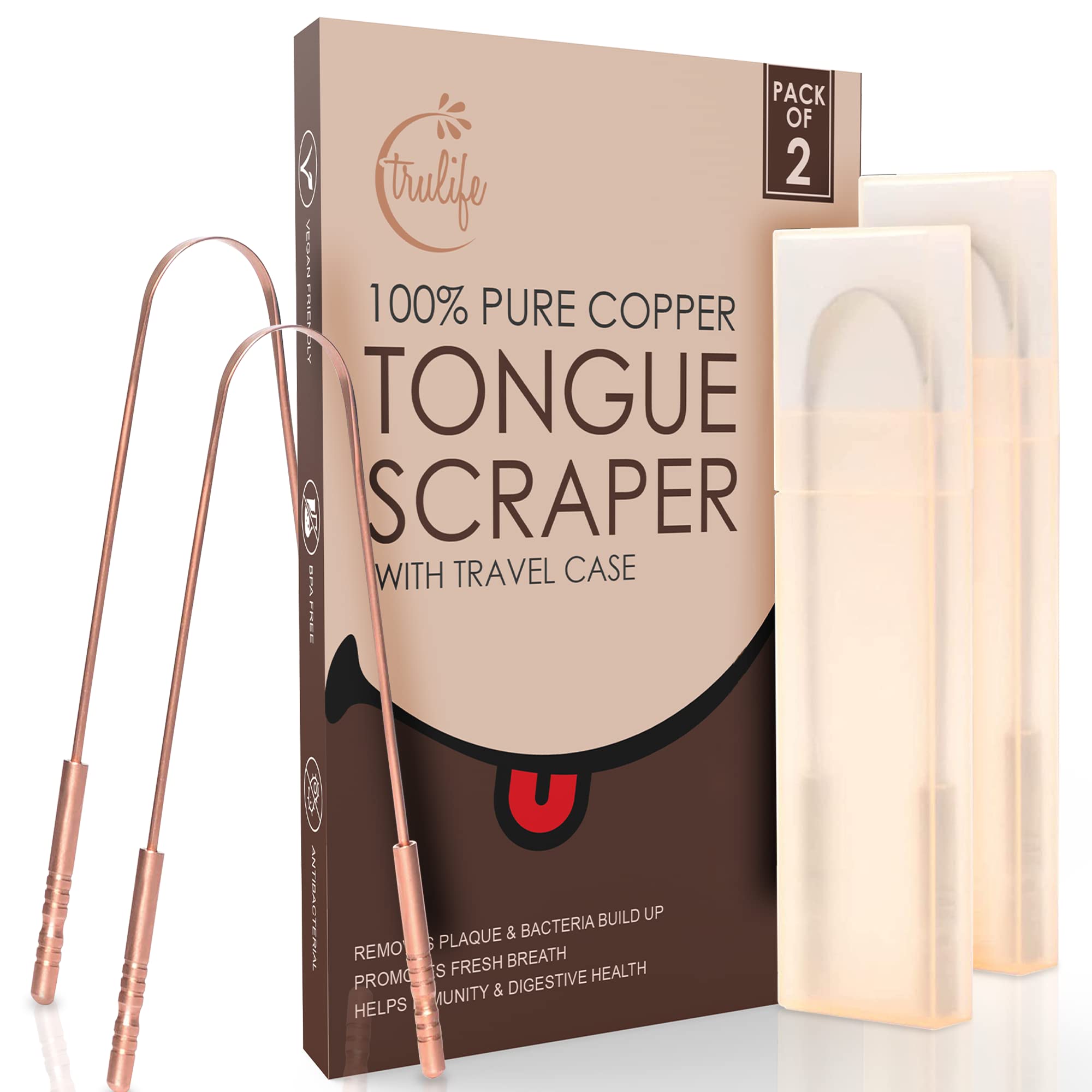 TruLife Tongue Scraper For Adults (2 Pack), Tongue Cleaner for Oral Care & Hygiene, Metal Tongue Scraper, Reduce Bad Breath (Travel Cases Included), Tounge Scraper - Fresher Breath & Easy to Use