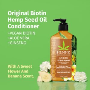 Hempz Biotin Conditioner - Original Light Floral & Banana - For Growth & Strengthening of Dry, Damaged and Color Treated Hair, Hydrating, Softening, Moisturizing - 17 Fl OZ