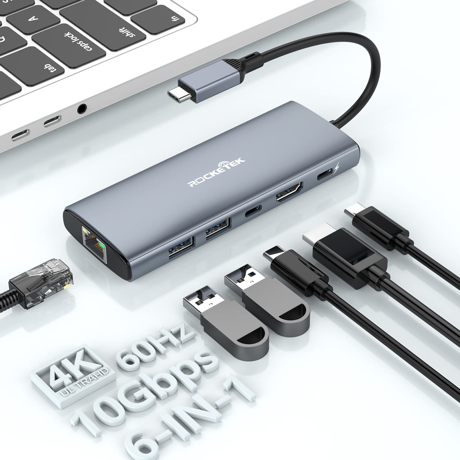 4K@60Hz USB C Hub with Ethernet, 6-in-1 Multiport Adapter with 4K@60Hz HDMI, 10Gbps USB3.0, 100W PD Charging and Gigabit Ethernet, MacBook Docking Station Compatible with Mac M1, M2, iPad, Steam Deck