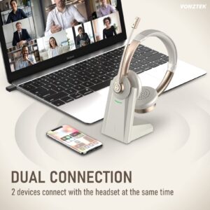 Vonztek Bluetooth Headset with Microphone, QCC Wireless Headphones with Mic Noise Cancelling & Mute/Charging Dock/Plug & Play USB Dongle, 26 Hrs On Ear Headphones for PC/MS Teams/Zoom/Skype Gold