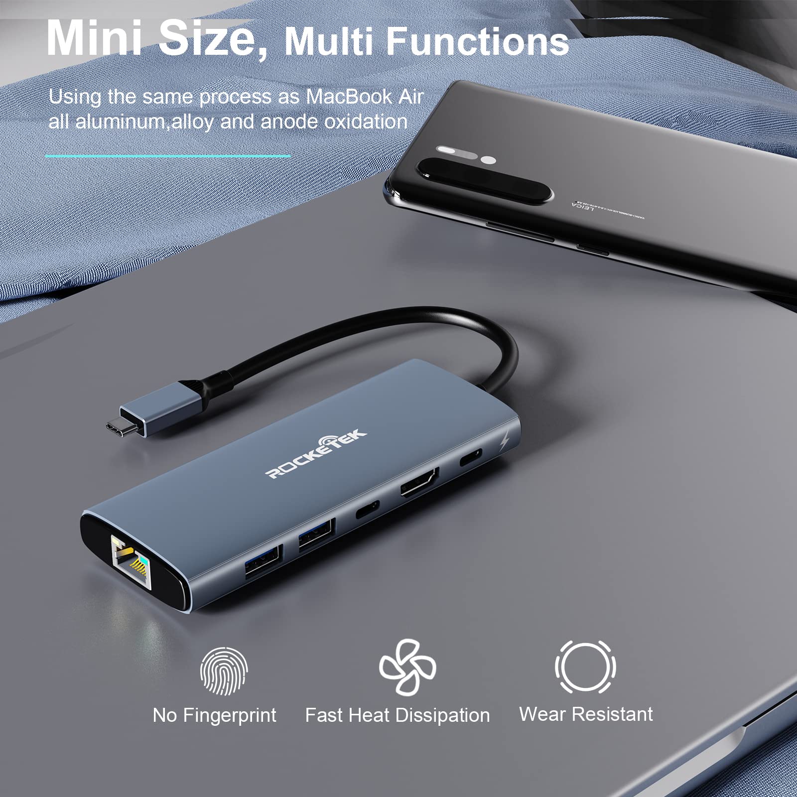 4K@60Hz USB C Hub with Ethernet, 6-in-1 Multiport Adapter with 4K@60Hz HDMI, 10Gbps USB3.0, 100W PD Charging and Gigabit Ethernet, MacBook Docking Station Compatible with Mac M1, M2, iPad, Steam Deck