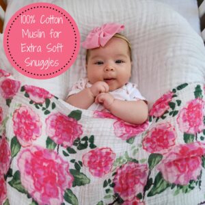 LollyBanks Muslin Swaddle Blanket | 100% Cotton | Newborn and Infant Blanket | Large 47 x 47 inches for Girls | Light Weight and Breathable | Peony Flower Print