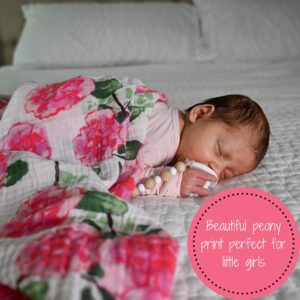 LollyBanks Muslin Swaddle Blanket | 100% Cotton | Newborn and Infant Blanket | Large 47 x 47 inches for Girls | Light Weight and Breathable | Peony Flower Print