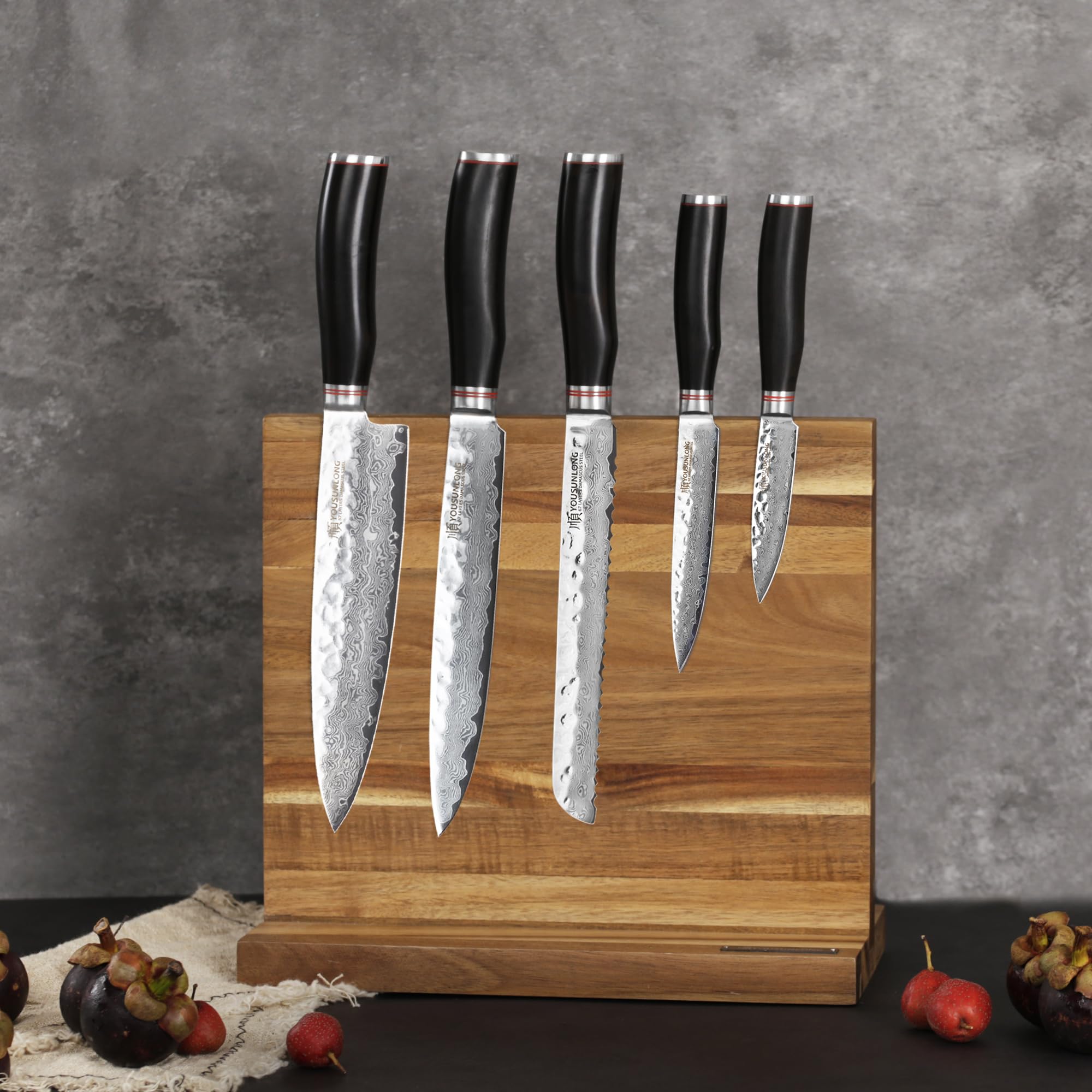 YOUSUNLONG Knife Set Block - 5pcs Kitchen Knives Set with Natural Acacia wood Holder - Japanese Hammered Damascus Steel Blade - Natural Ebony Handle with Gift Box