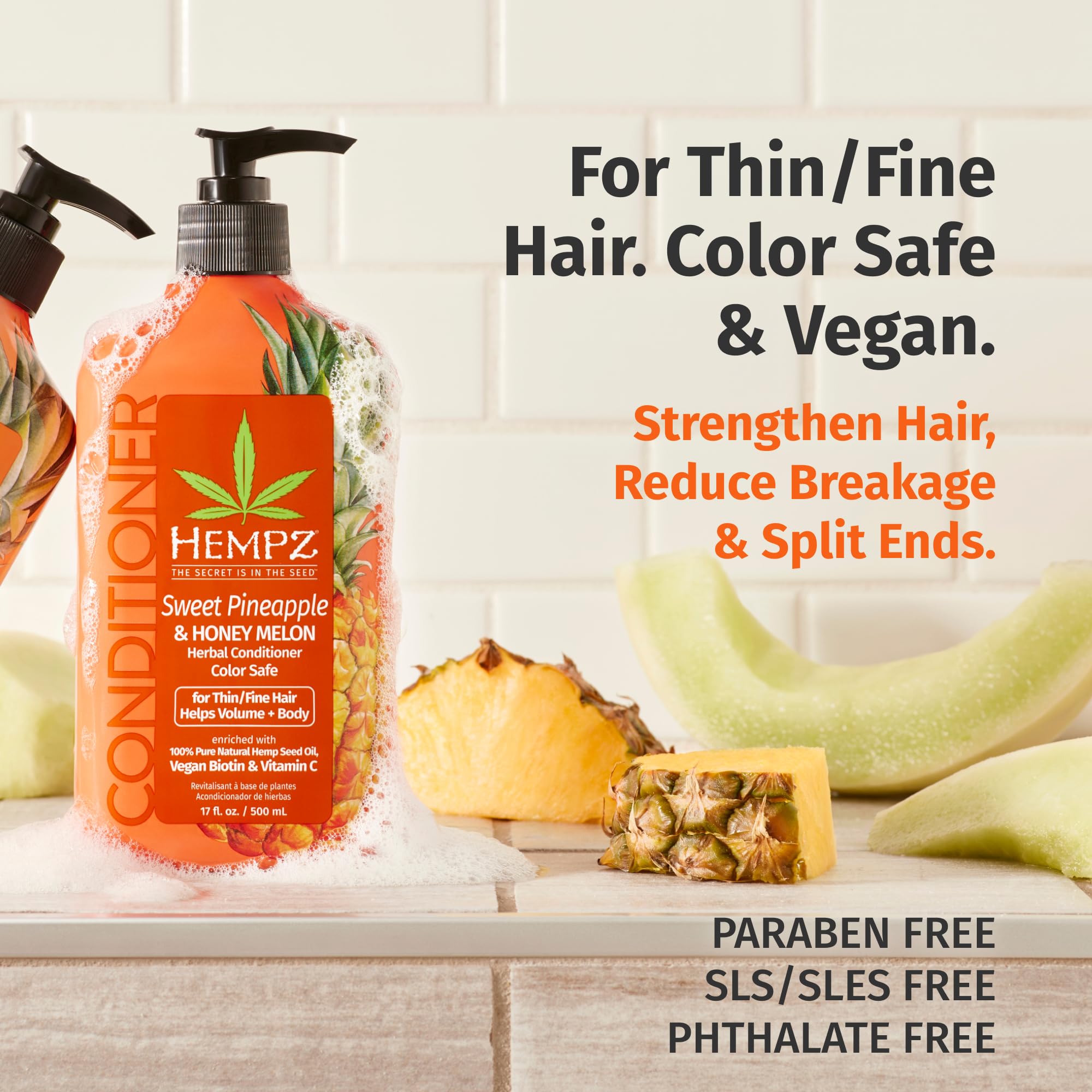 Hempz Biotin Conditioner - Sweet Pineapple & Honey Melon - For Thin/Fine Hair Growth & Strengthening of Dry, Damaged and Color Treated Hair, Hydrating, Softening, Moisturizing - 33.8 Fl OZ