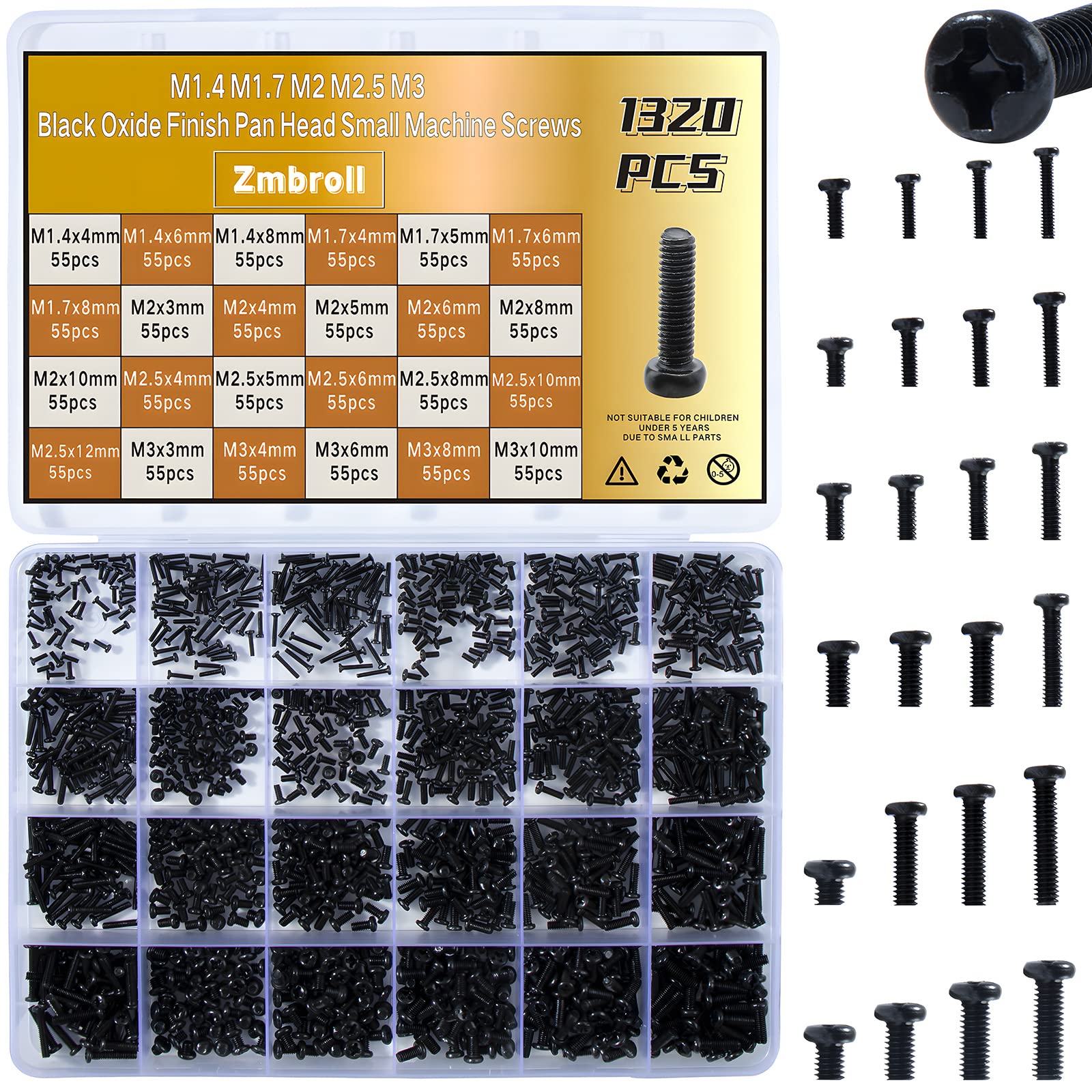 Zmbroll 1320Pcs Black Laptop Screws Kit,Notebook Tiny Computer Replacement Electronic Screws,Pan Head Small Machine Screws for Laptop,Watches,Clocks,Mobile Phone