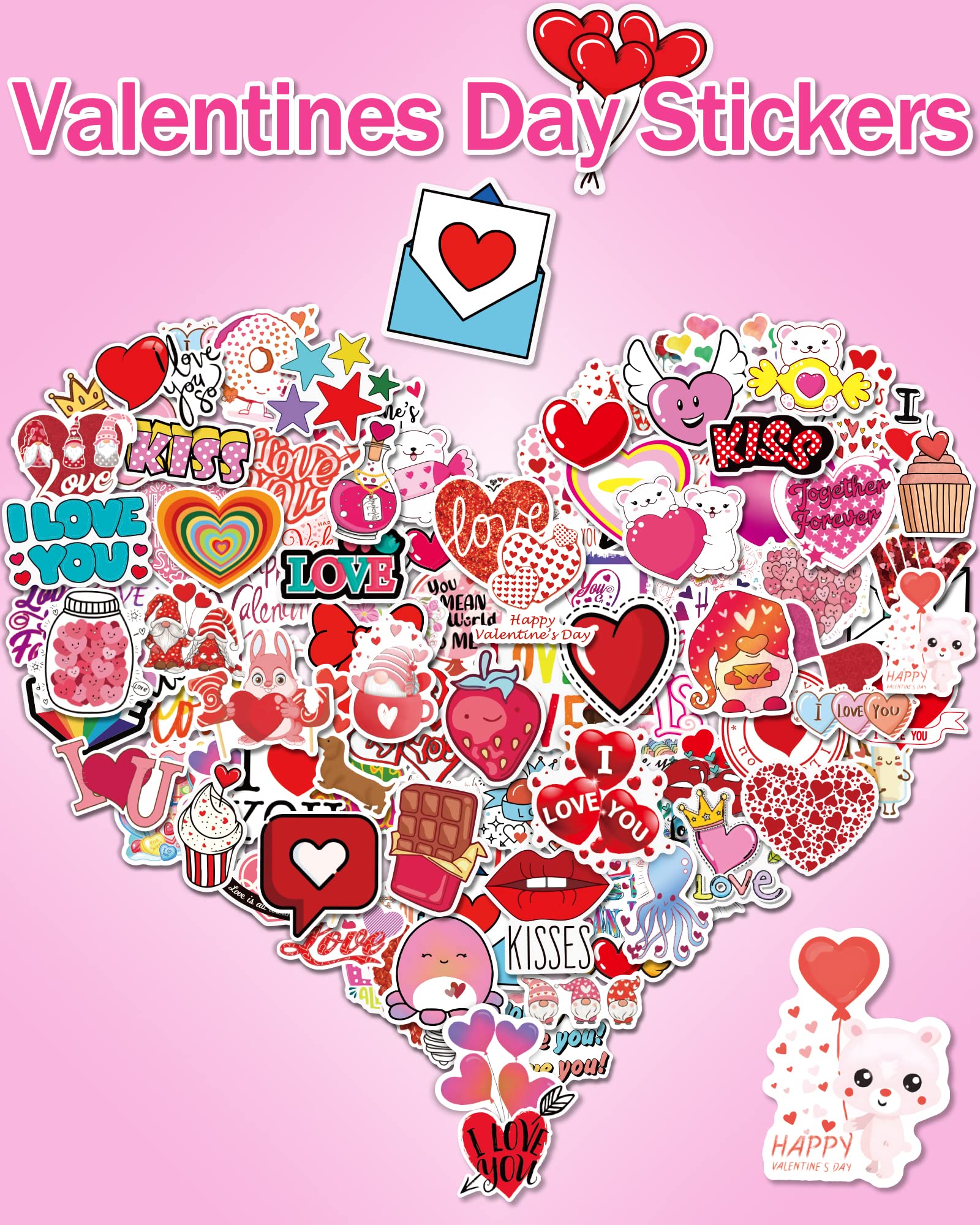 Valentines Day Stickers, Heart Stickers for Water Bottles Cards Gift Boxes Party Favors, Valentines Gifts for Kids Classroom, Waterproof Vinyl Love Stickers for Kids Teens Girls