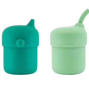 Pura my-my Silicone Sippy Cup - Training Cup, Reusable, Platinum Food Grade Medical Grade, Spill Proof Cups for Kids, Toddlers, Babies & Infants - 2-Pack Mint + Straw, Moss Combo