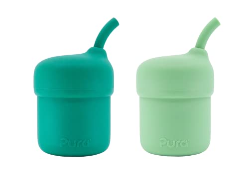 Pura my-my Silicone Straw Cup| Spill Proof, Reusable, Food Grade Silicone, Plastic-Free | For Kids, Toddlers, Babies & Infants - 2 Pack Mint & Moss