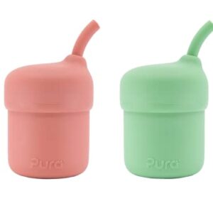 Pura my-my Silicone Straw Cup| Spill Proof, Reusable, Food Grade Silicone, Plastic-Free | For Kids, Toddlers, Babies & Infants - 2 Pack Rose & Moss