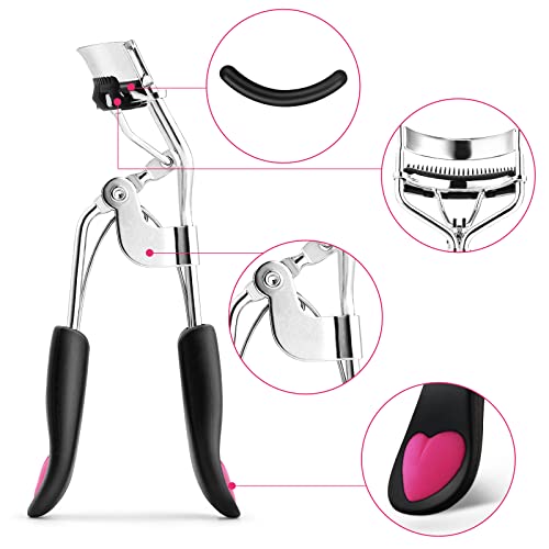 WLLHYF Beauty Eyelash Curler Kit Professional Eye Lashes Curler Metal Makeup Tool with Built-in Comb Eye with 10 Replacement Refill Pads for Women Girl Get Dramatically Curled Eyelashes