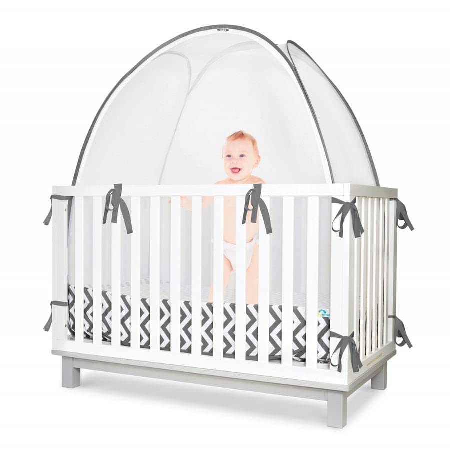 KinderSense® - Baby Safety Crib Tent - Premium Toddler Crib Topper to Keep Baby from Climbing Out - See Through Mesh Crib Net - Mosquito Net - Pop-Up Crib Tent Canopy to Keep Infant in (Grey Chevron)