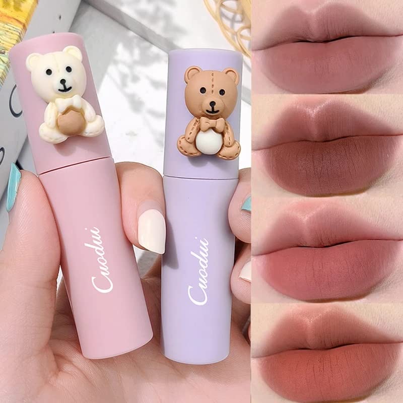 pulunto Mist Matte Velvet Lipstick, Waterproof Long Lasting Lip Gloss, Non Stick Cup Easy Coloring Liquid Lipstick, Cute Bear Beauty Makeup