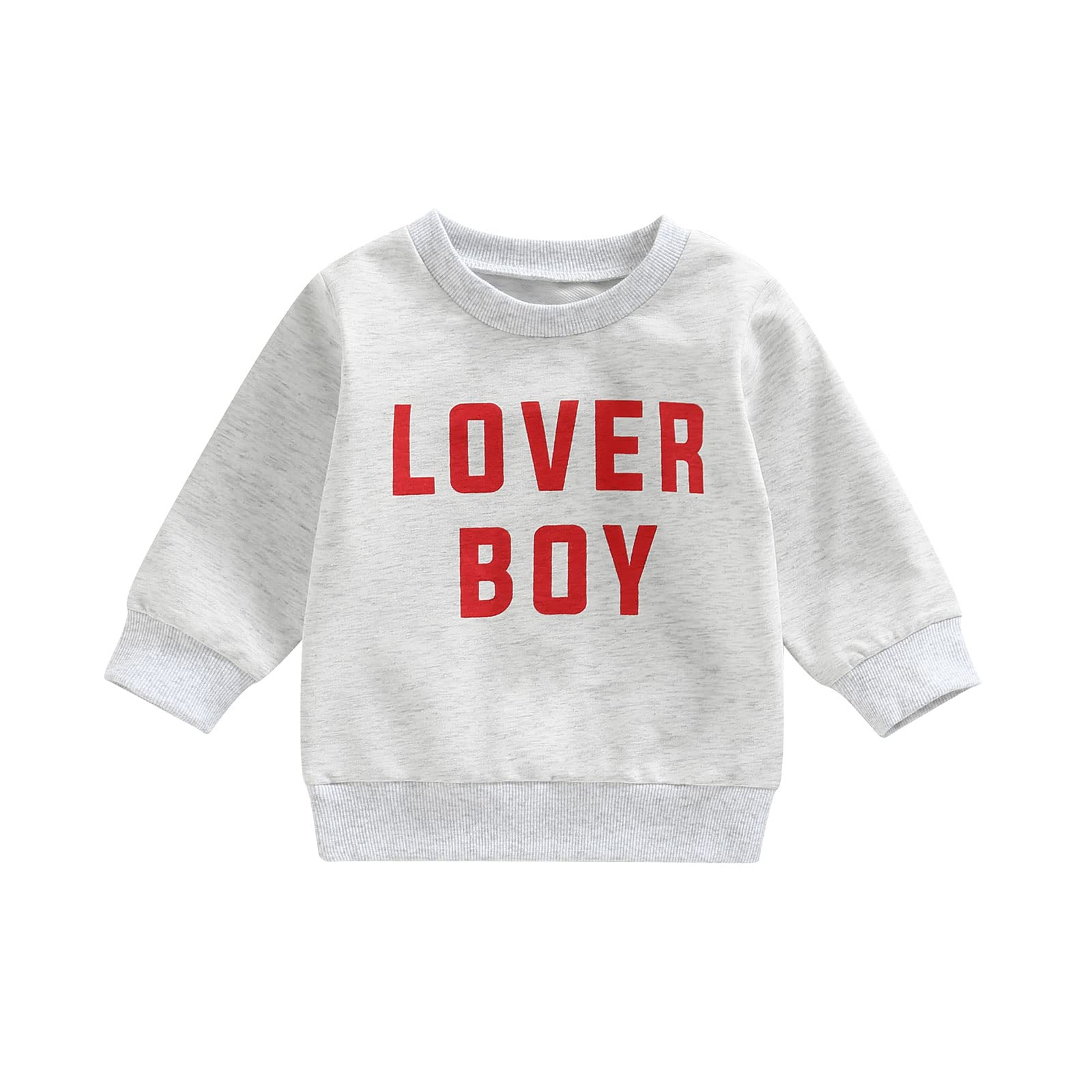 FIOMVA Baby Girl Boy Valentine's Day Outfits Love Print Long Sleeve Pullover Sweatshirt Overszied Sweater Fall Winter Clothes (Lover Boy-Grey B,18-24 Months)