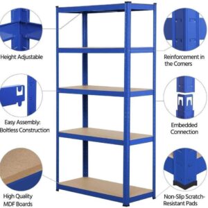 AUTOFU Blue Garage Shelf Storage Shelving Rack,5 Tier Metal Heavy Duty Kitchen Racking 875kgs/1930lbs Capacity, Large,H148 x W70 x D30cm / 58.27 x 27.56 x 11.81 inches,for Warehouses, Garden, Offices