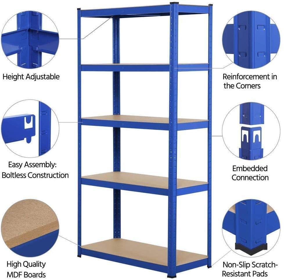 AUTOFU Blue Garage Shelf Storage Shelving Rack,5 Tier Metal Heavy Duty Kitchen Racking 875kgs/1930lbs Capacity, Large,H148 x W70 x D30cm / 58.27 x 27.56 x 11.81 inches,for Warehouses, Garden, Offices