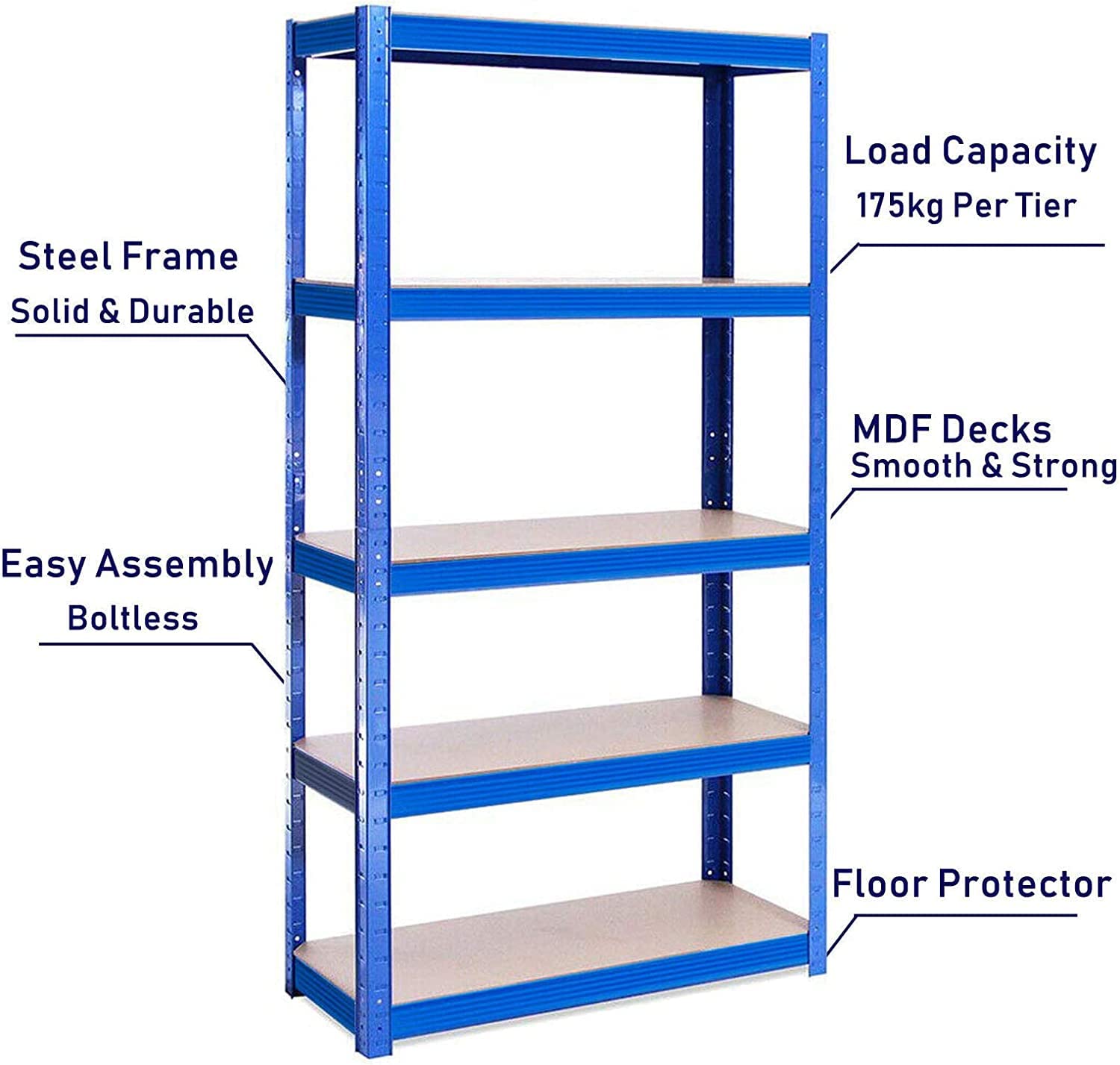 AUTOFU Blue Garage Shelf Storage Shelving Rack,5 Tier Metal Heavy Duty Kitchen Racking 875kgs/1930lbs Capacity, Large,H148 x W70 x D30cm / 58.27 x 27.56 x 11.81 inches,for Warehouses, Garden, Offices