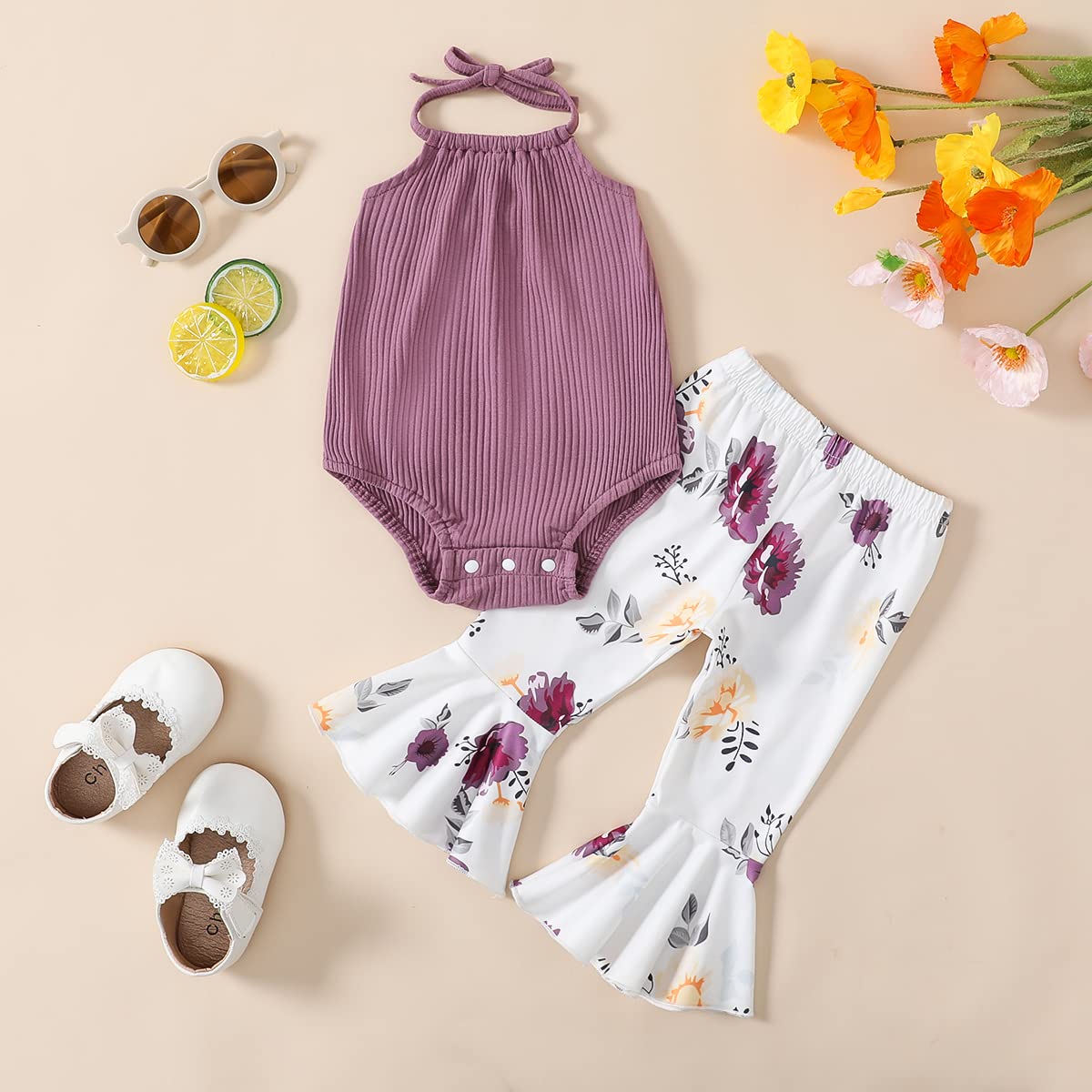 ADXSUN Newborn Baby Girl Summer Clothes Ribbed Romper+Striped/Floral/Cow Flared Pants Infant Outifts 0-18 Months