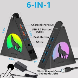 Powered USB Hub 3.0, JoyReken USB Hub with 4 USB 3.0 Data Ports and 2 USB Smart Charging Port, USB Hub Tower USB hub 3.0 Powered with 12V/4A Power Adapter for Mac PC Laptop USB Flash Drives