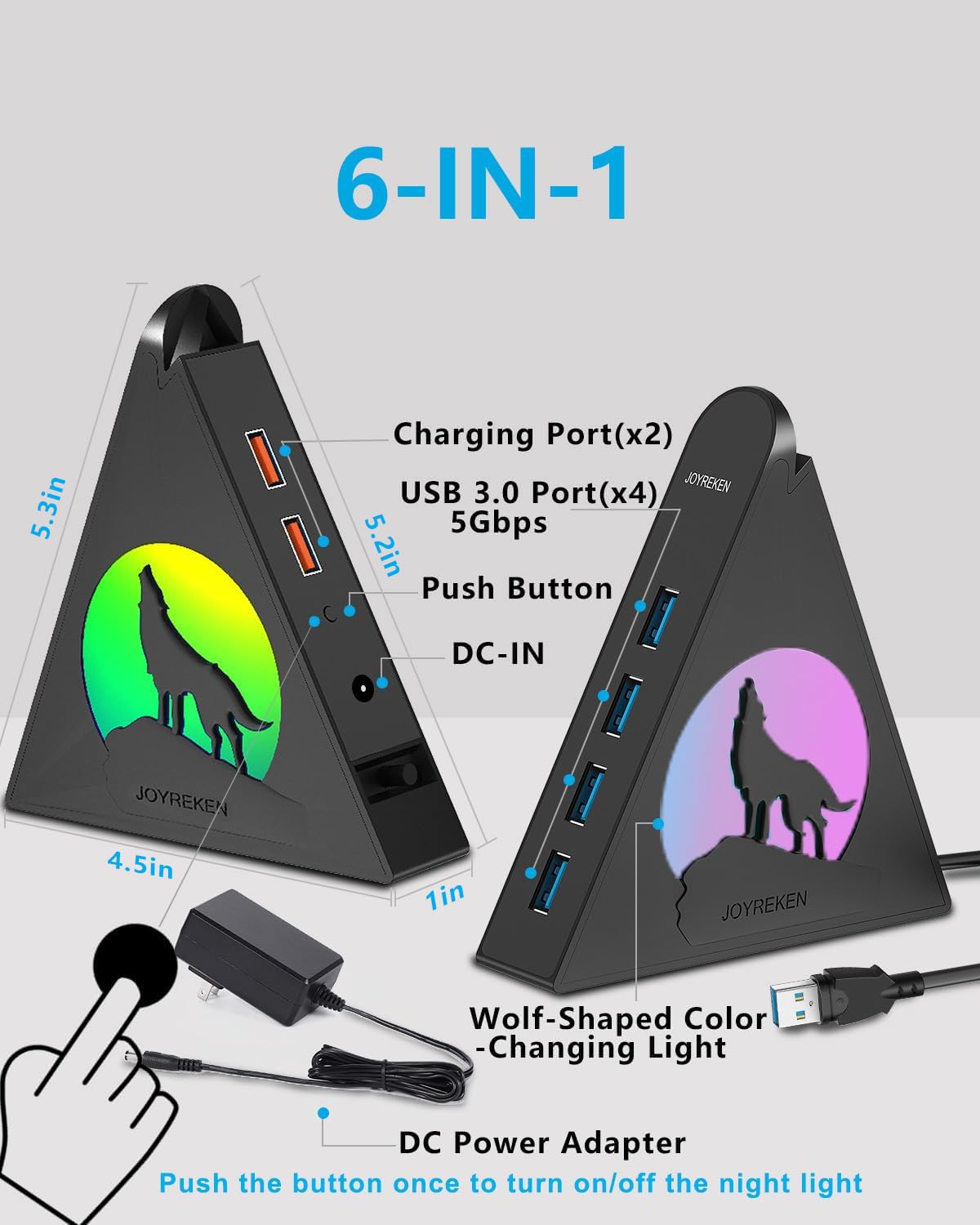 Powered USB Hub 3.0, JoyReken USB Hub with 4 USB 3.0 Data Ports and 2 USB Smart Charging Port, USB Hub Tower USB hub 3.0 Powered with 12V/4A Power Adapter for Mac PC Laptop USB Flash Drives