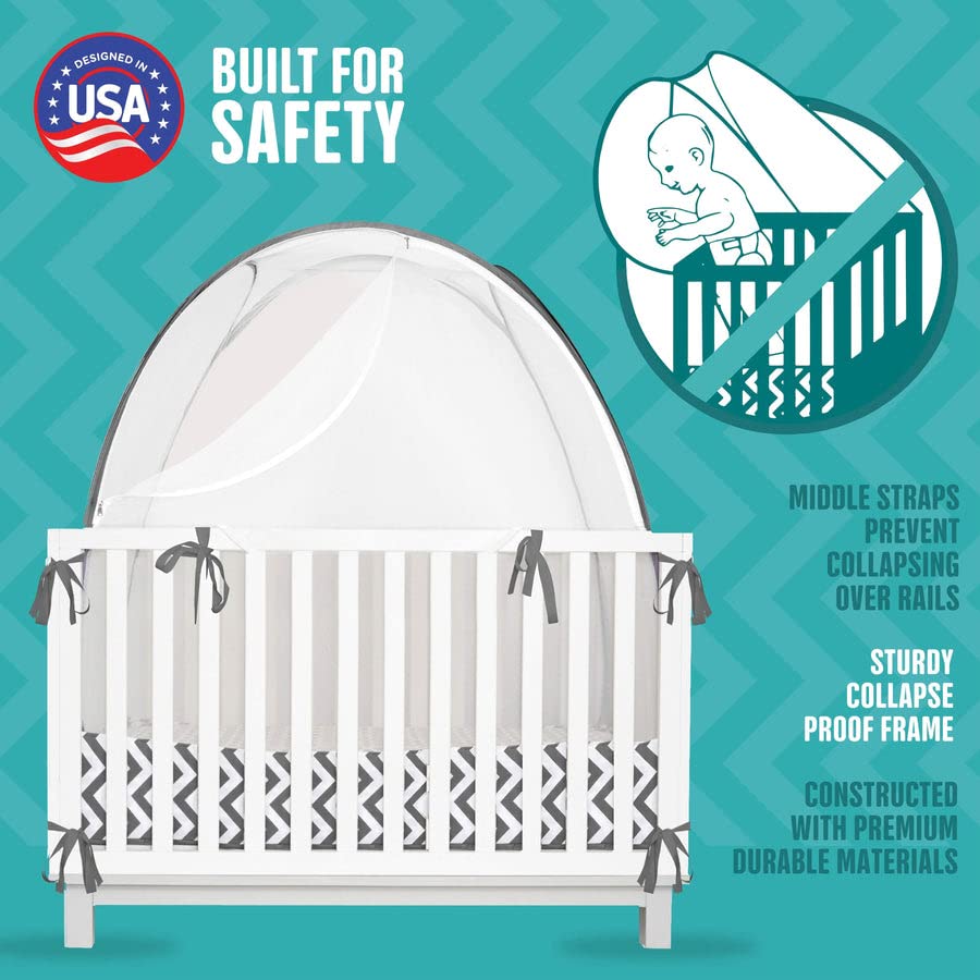 KinderSense® - Baby Safety Crib Tent - Premium Toddler Crib Topper to Keep Baby from Climbing Out - See Through Mesh Crib Net - Mosquito Net - Pop-Up Crib Tent Canopy to Keep Infant in (Grey Chevron)