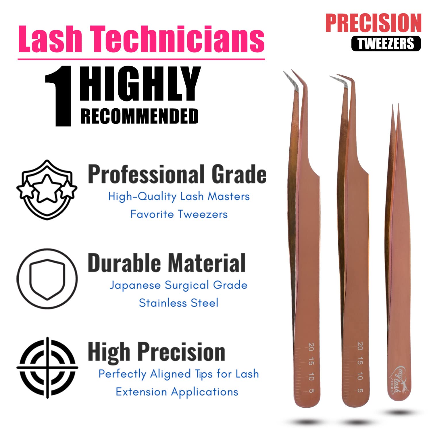 My Lash Tools - Fiber Tip Lash Tweezers for Eyelash Extensions Professional SET OF 3 Volume Boot, Isolation, & Curved Tweezers set Japanese Steel Lash Extension Supplies (Rose Gold)