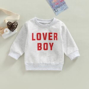 FIOMVA Baby Girl Boy Valentine's Day Outfits Love Print Long Sleeve Pullover Sweatshirt Overszied Sweater Fall Winter Clothes (Lover Boy-Grey B,18-24 Months)