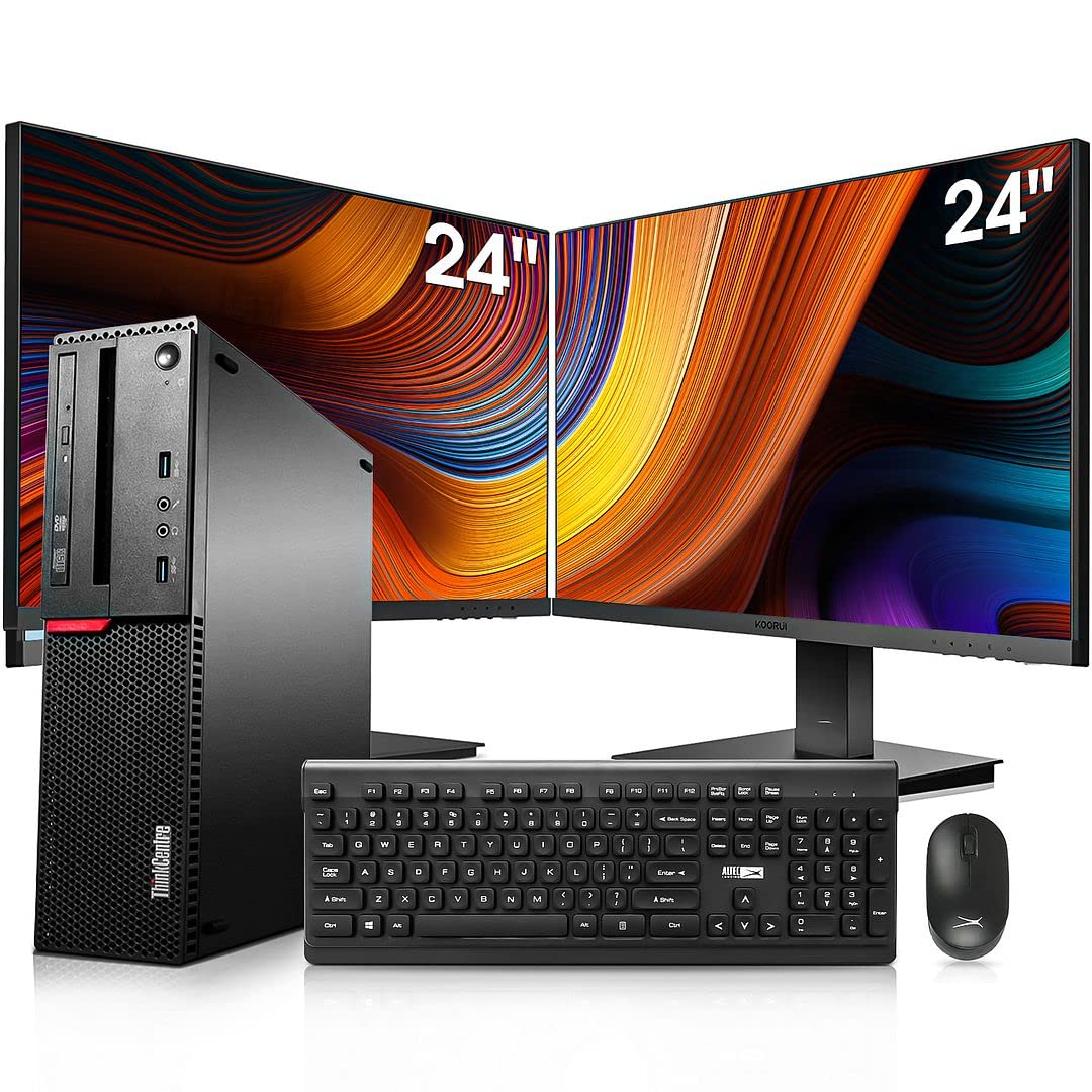 Lenovo Small Desktop Computer (SFF), Dual 24 Inch Monitors, Intel Core i7-6700, 32GB RAM 512GB SSD +2TB HDD, 2GB Graphics Card, HDMI, WiFi, Bluetooth,Wireless Keyboard Mouse (Renewed)