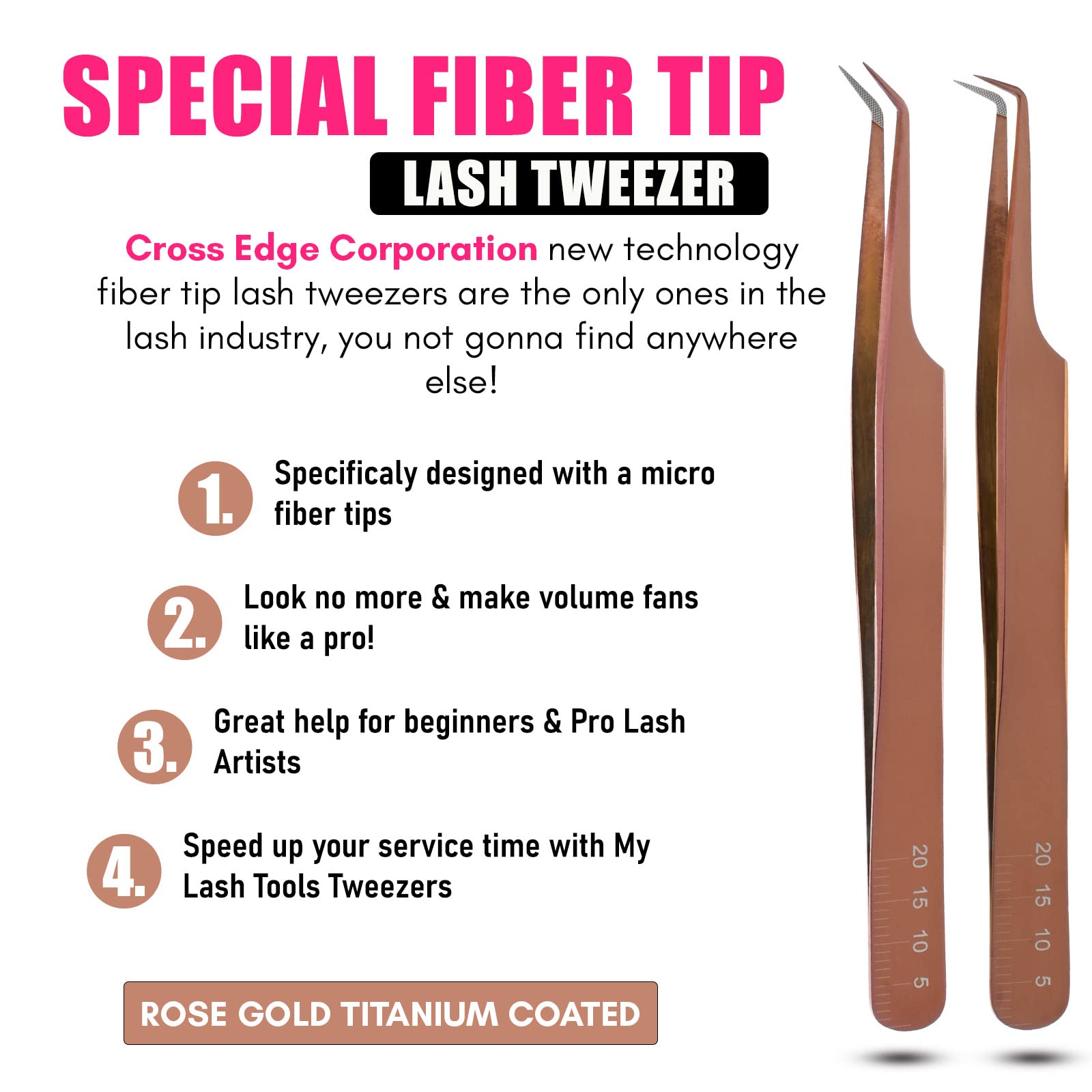 My Lash Tools - Fiber Tip Lash Tweezers for Eyelash Extensions Professional SET OF 3 Volume Boot, Isolation, & Curved Tweezers set Japanese Steel Lash Extension Supplies (Rose Gold)