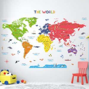 DECOWALL DL3-2212 XLarge World Map Kids Wall Stickers (59x40 inch) Decals Peel and Stick Removable for Nursery Bedroom Living Room Art murals Decorations