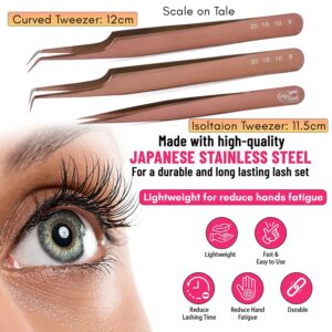 My Lash Tools - Fiber Tip Lash Tweezers for Eyelash Extensions Professional SET OF 3 Volume Boot, Isolation, & Curved Tweezers set Japanese Steel Lash Extension Supplies (Rose Gold)