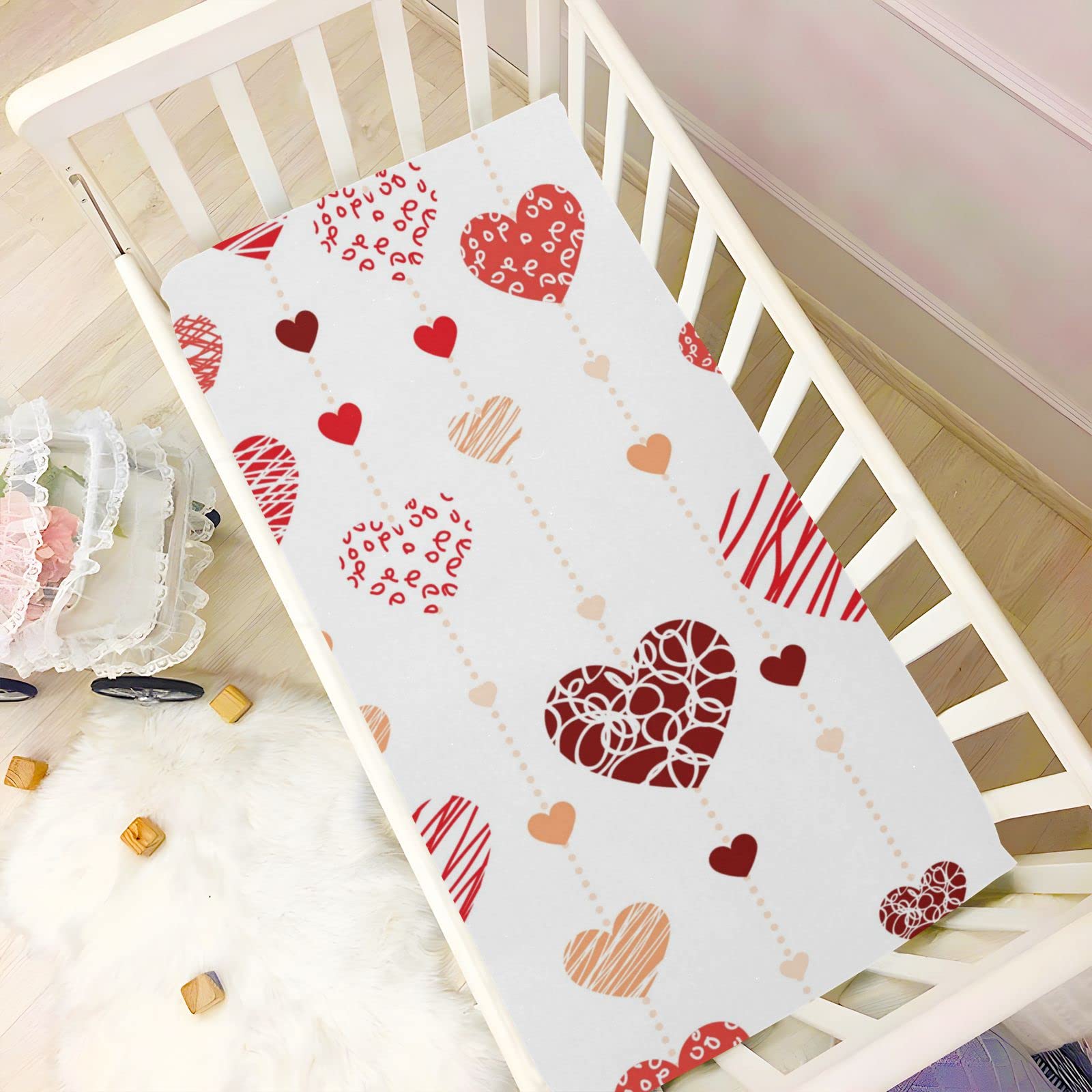 Valentines Day Hearts Baby Crib Sheets Soft Toddler Bed Sheets Breathable Mattress Cover Crib Mattress Sheet for Boys Nursery Crib Mattress, 52 * 28 * 9in