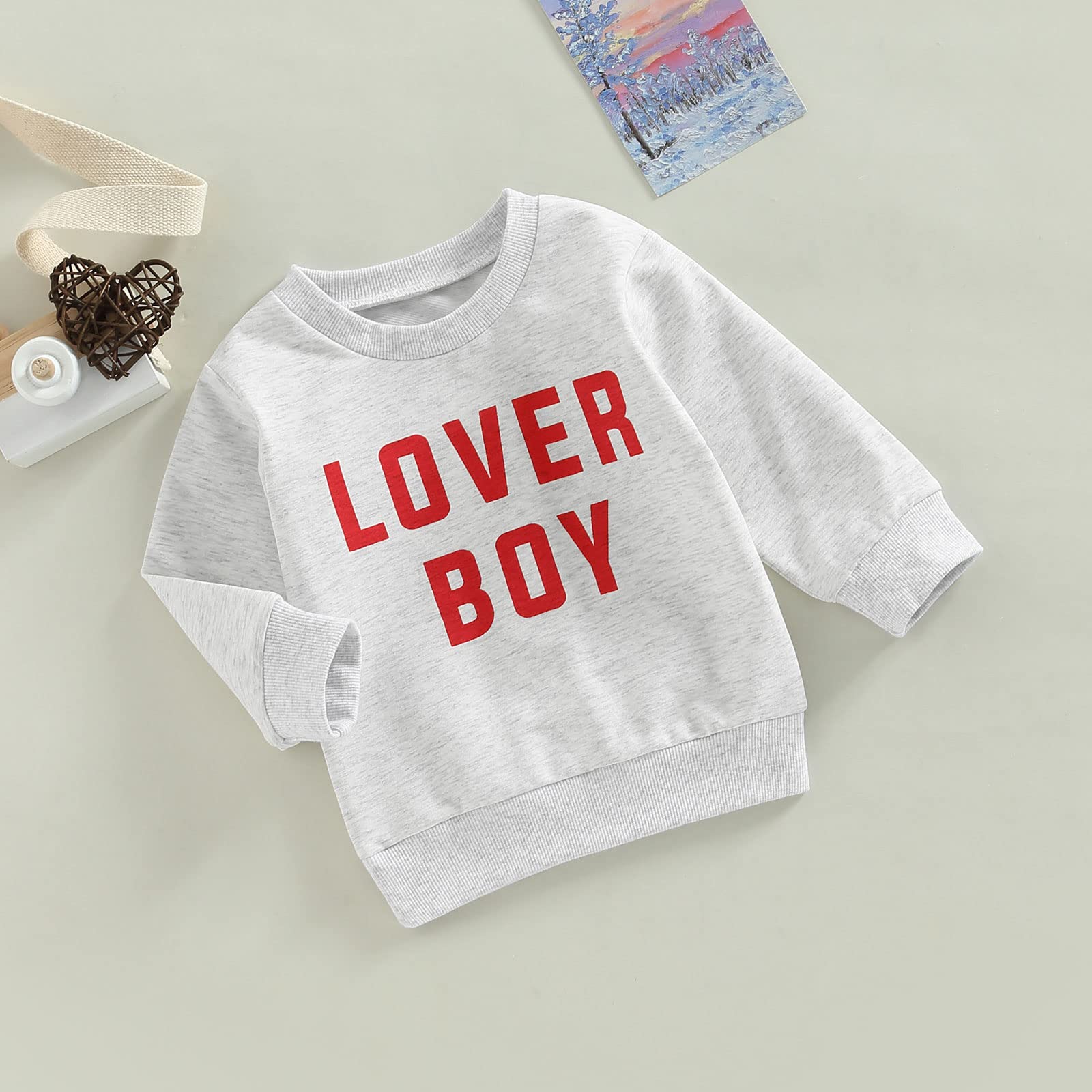 FIOMVA Baby Girl Boy Valentine's Day Outfits Love Print Long Sleeve Pullover Sweatshirt Overszied Sweater Fall Winter Clothes (Lover Boy-Grey B,18-24 Months)